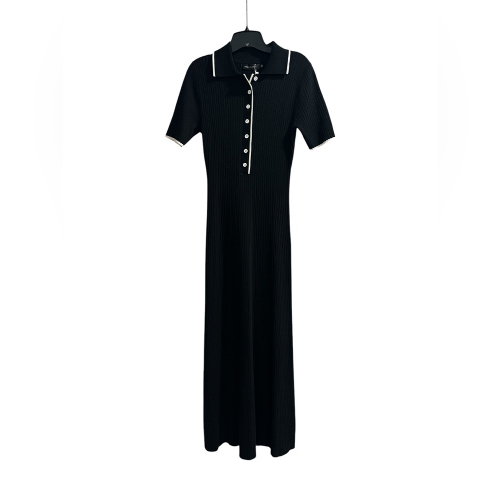 Women’s Long Black Collar Buttoned Down Ribbed Sweater Bodycon Maxi Dress Medium - Picture 3 of 14